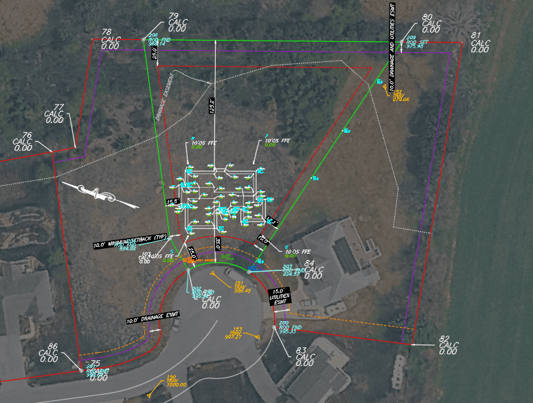 Residential property aerial with survey and utility linework